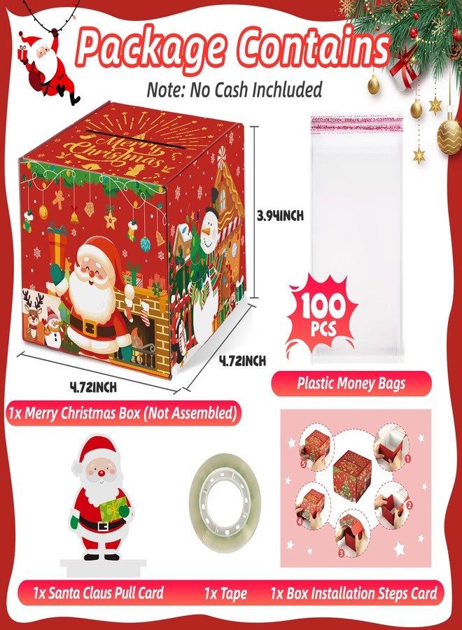 WenmthG Christmas Money Box for Cash Gift Pull - Christmas Surprise Money Gift Box for Boys Girls - DIY Money Pull Box with 100Pcs Transparent Bags - BestGift for Kids Adults - Red - Image 3